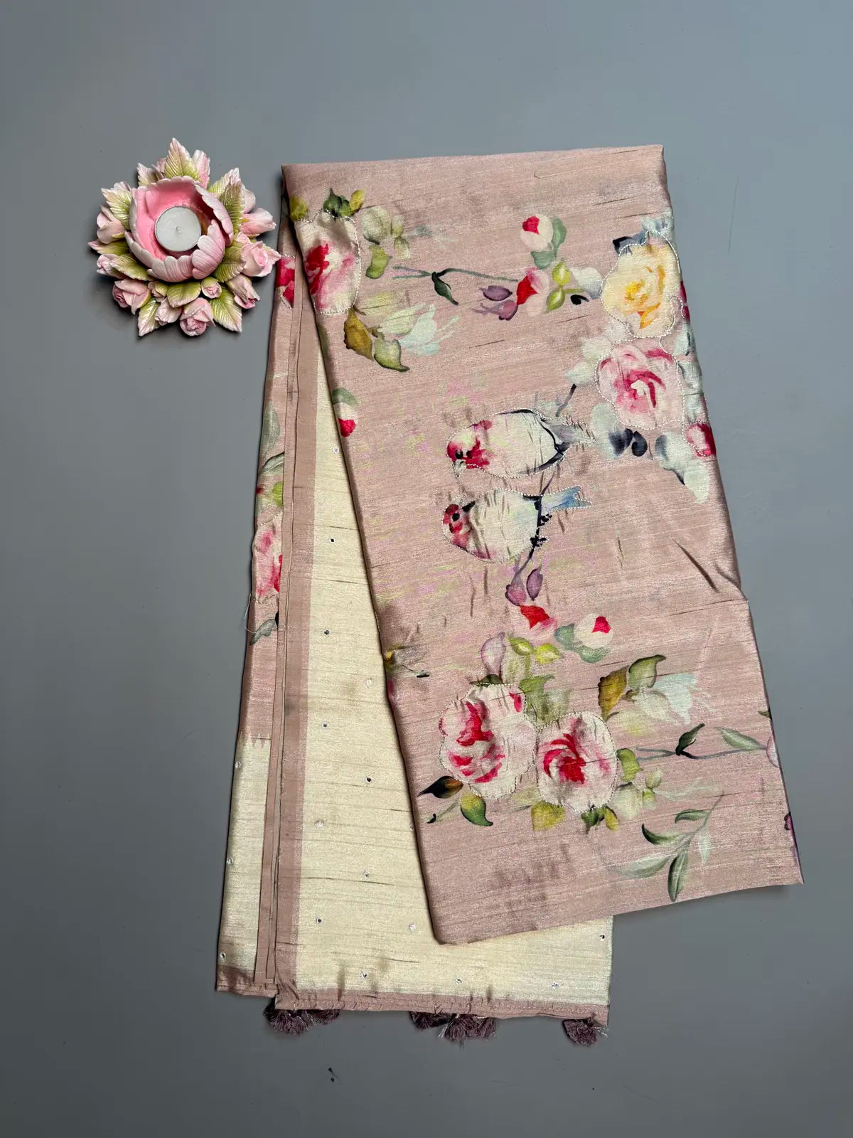 Blush Pink Floral Bird Digital Print Saree