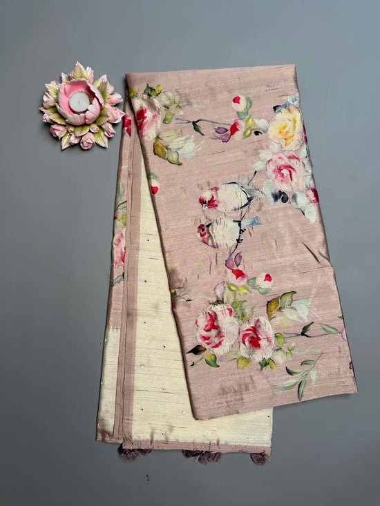 Blush Pink Floral Bird Digital Print Saree