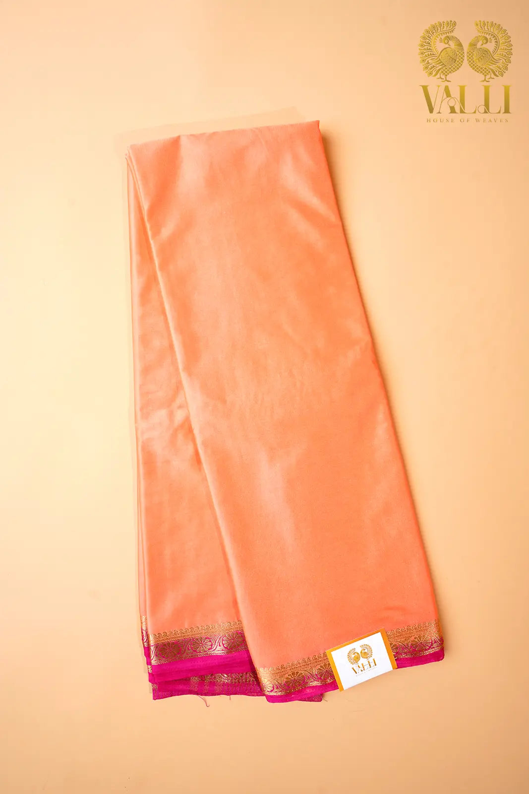 Peach Semi-Crepe Saree with Pink Contrast Border & Pallu