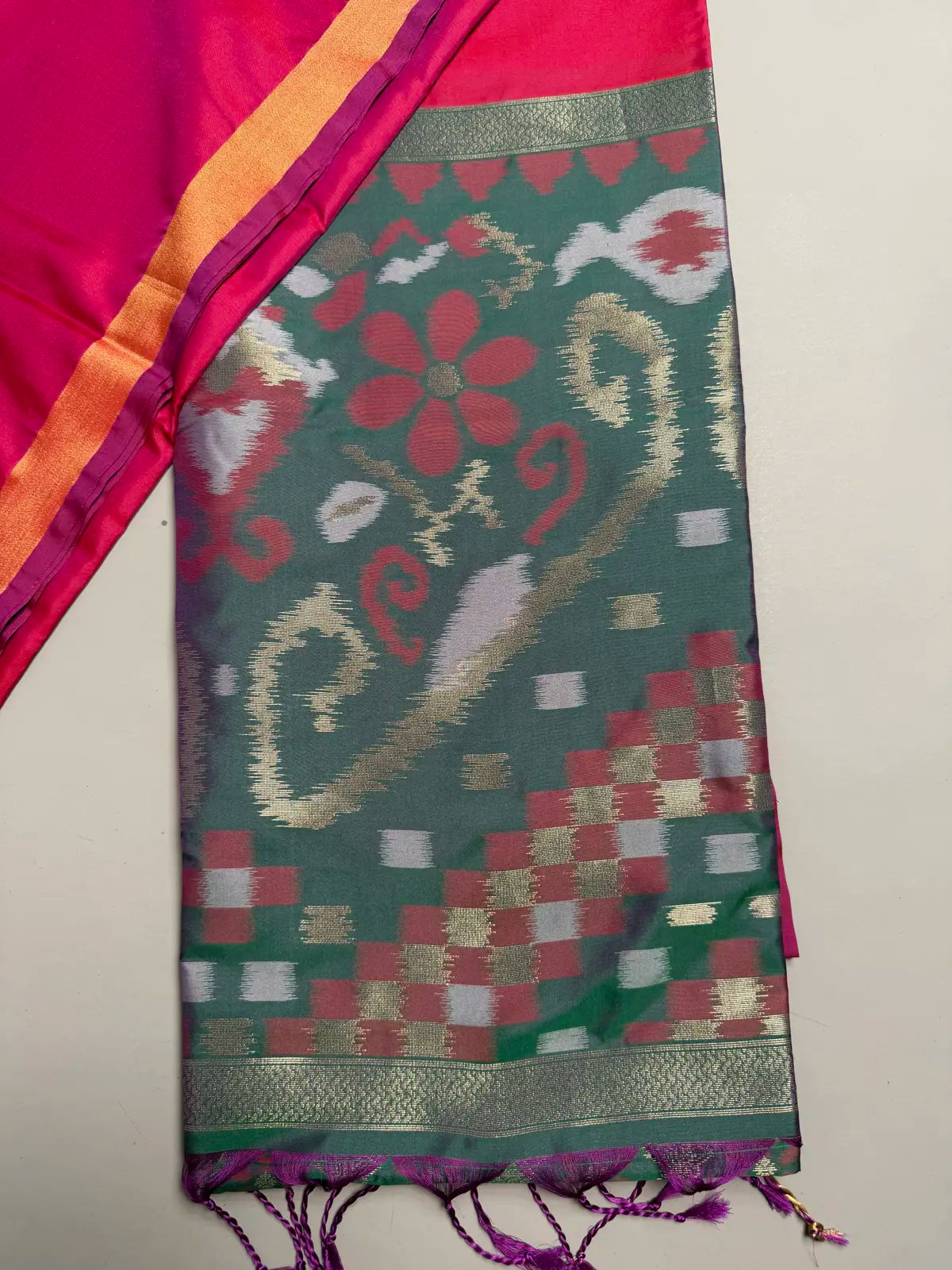 Rani Pink Saree with Heavy Ikat Green Pallu & Zari Border