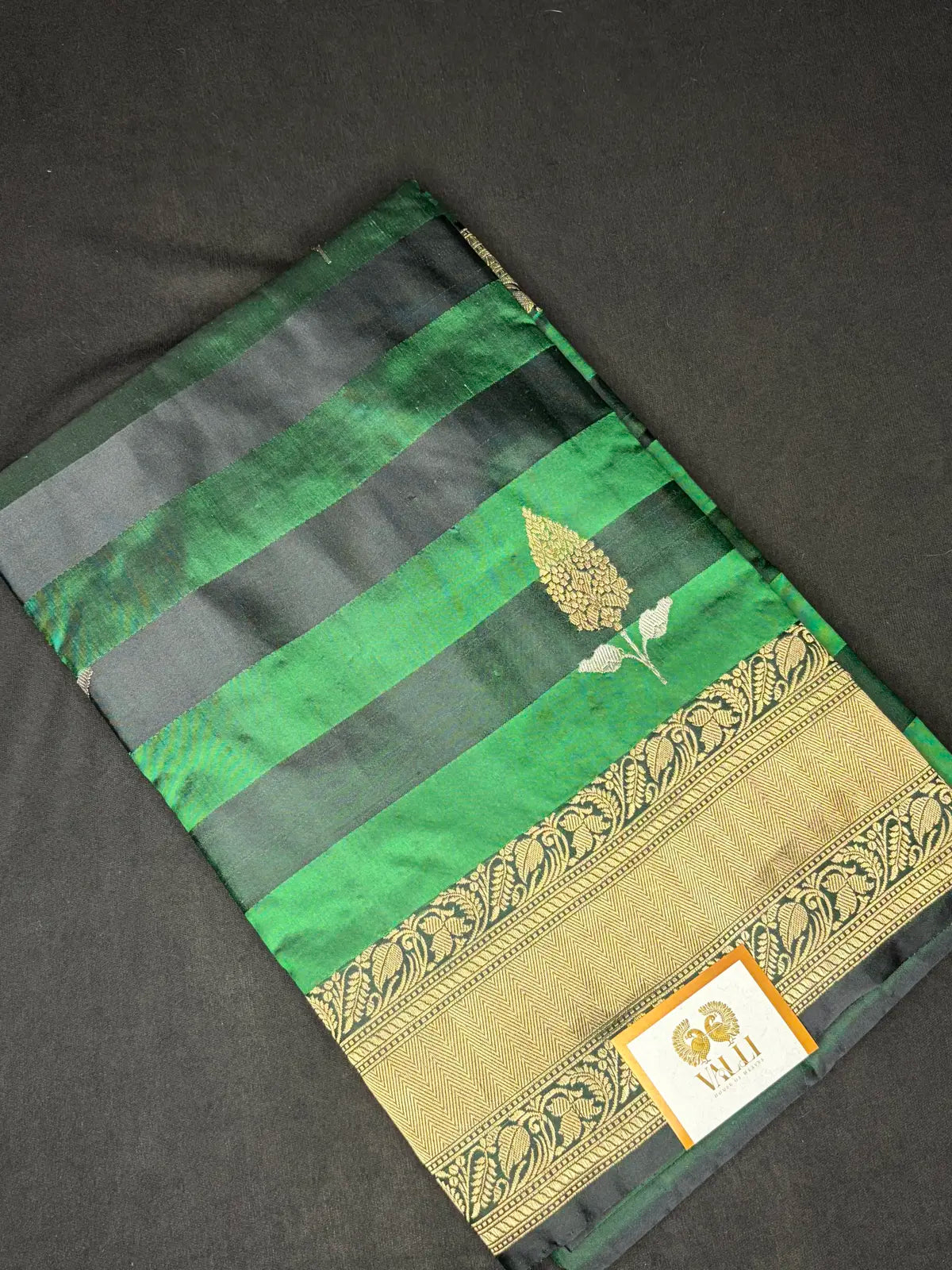 Pure Banarasi black stripes + green 