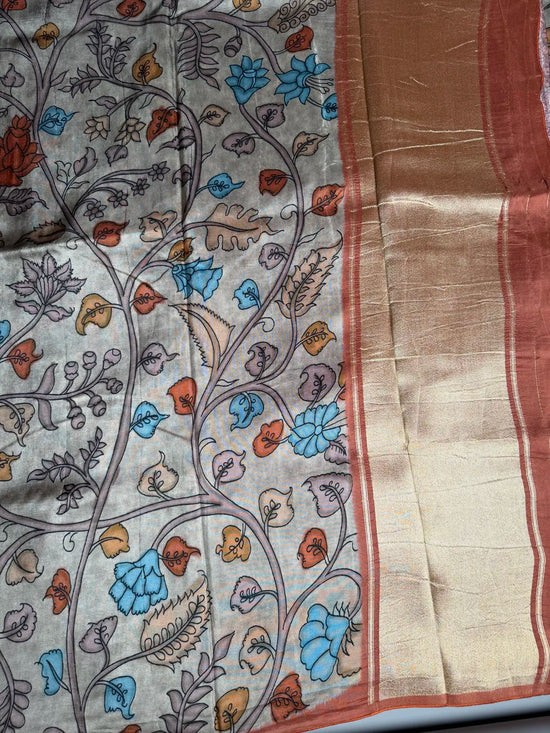 Kalamkari  crep silk saree gray and cinnamon colour 