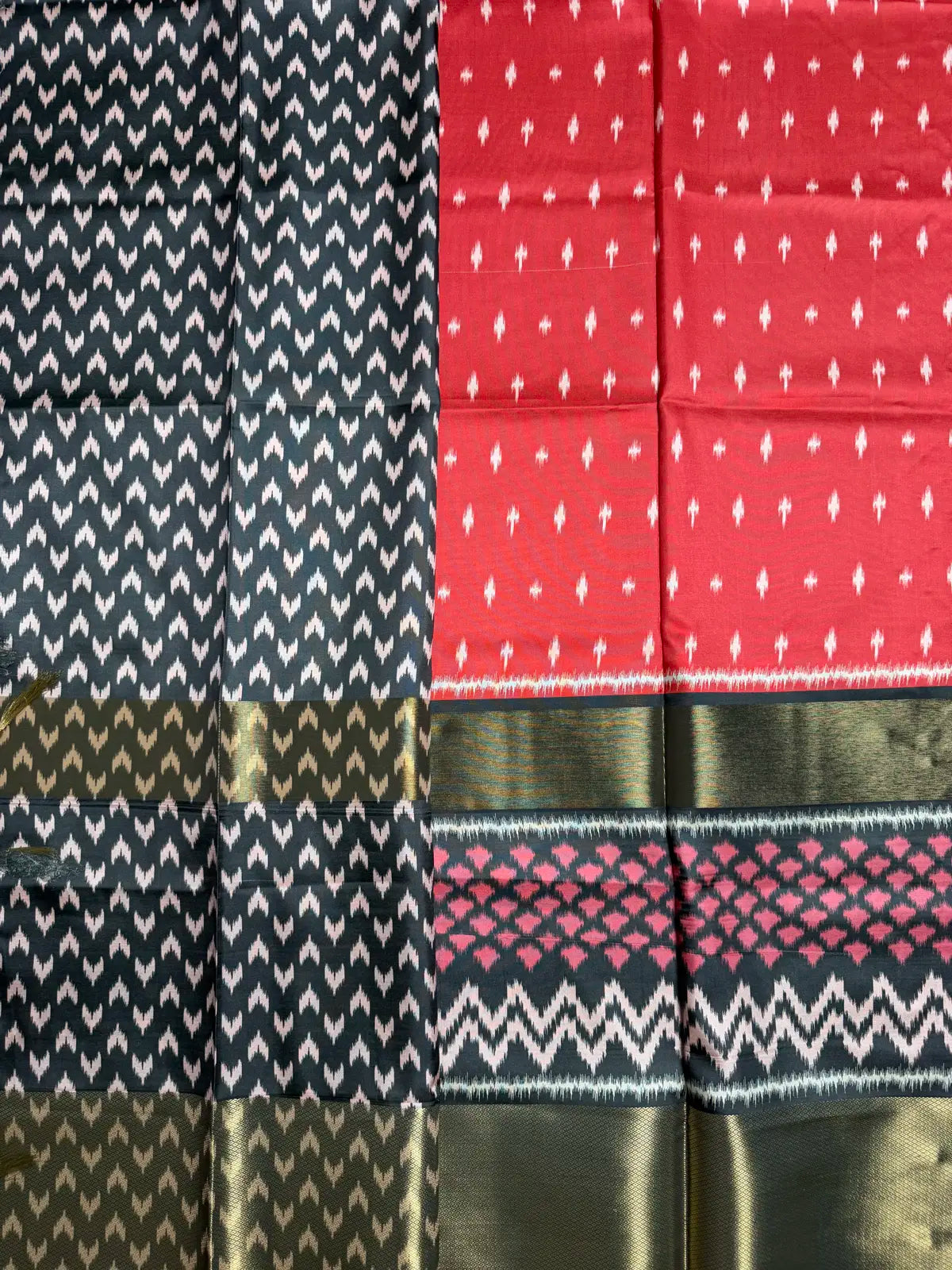Red Semi Silk Saree with Grey Geometric Blouse