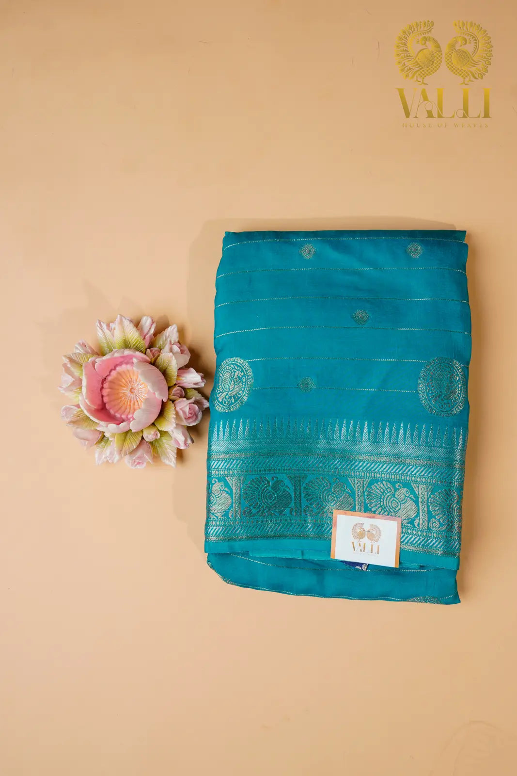 Contrast Zari Woven Silk Saree – Teal Green with Navy Blue Blouse