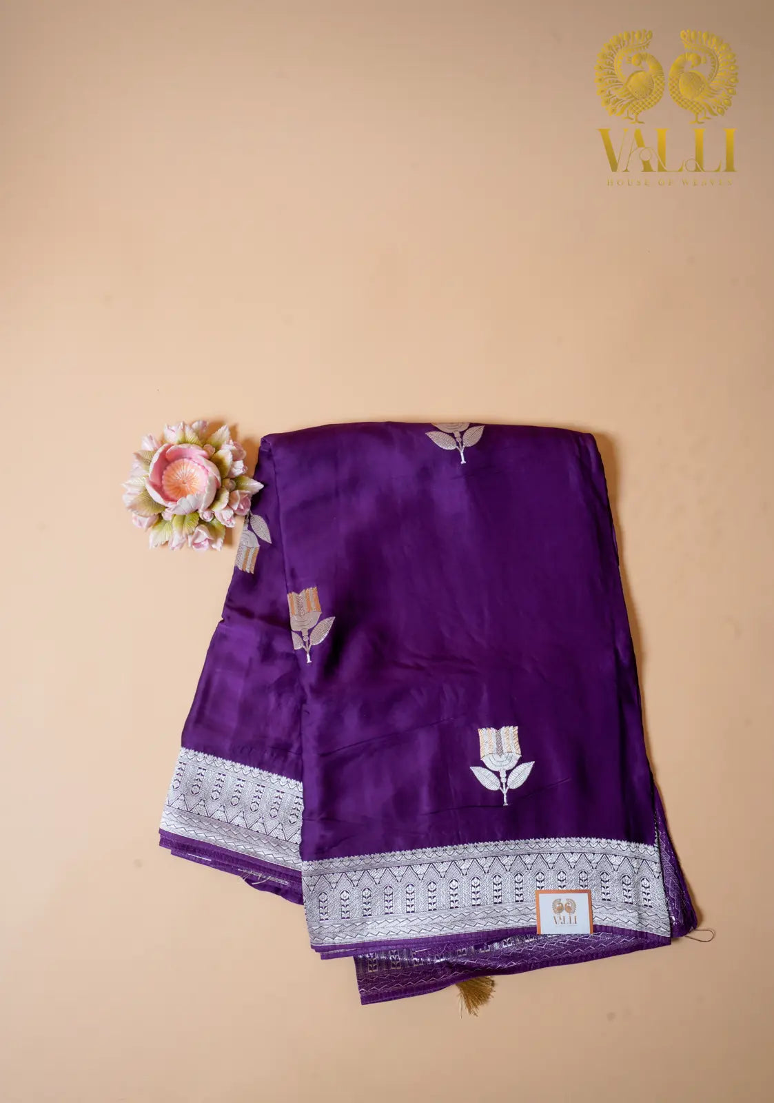 Satin Banarasi Saree – Rich Purple with Zari Flower Motif & Heavy Brocade Pallu