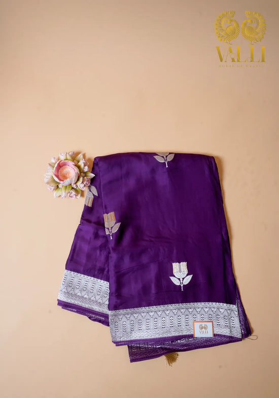 Satin Banarasi Saree – Rich Purple with Zari Flower Motif & Heavy Brocade Pallu
