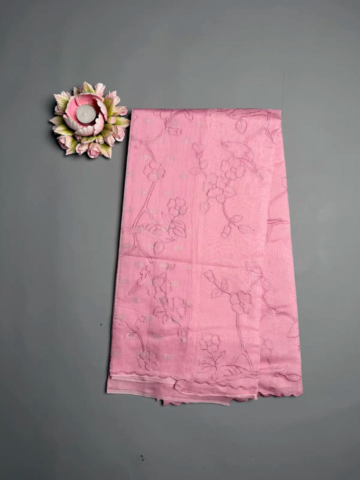 Soft Baby Pink pure Mul Mul Cotton Saree with Embroidery