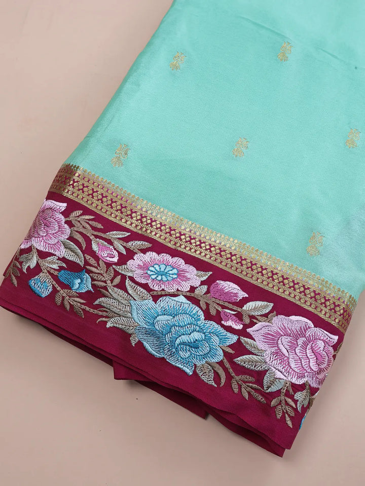 Valli’s Pista Green & Rani Pink | Pure Crepe Silk Embroidery Saree