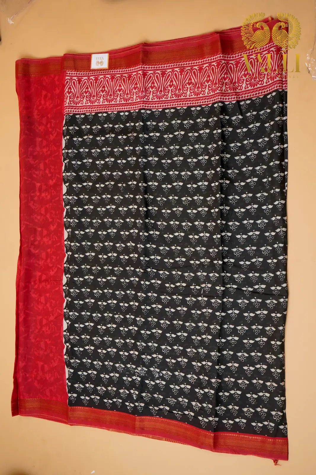 Black Block Print Viscose Cotton Saree with Contrast Red Border