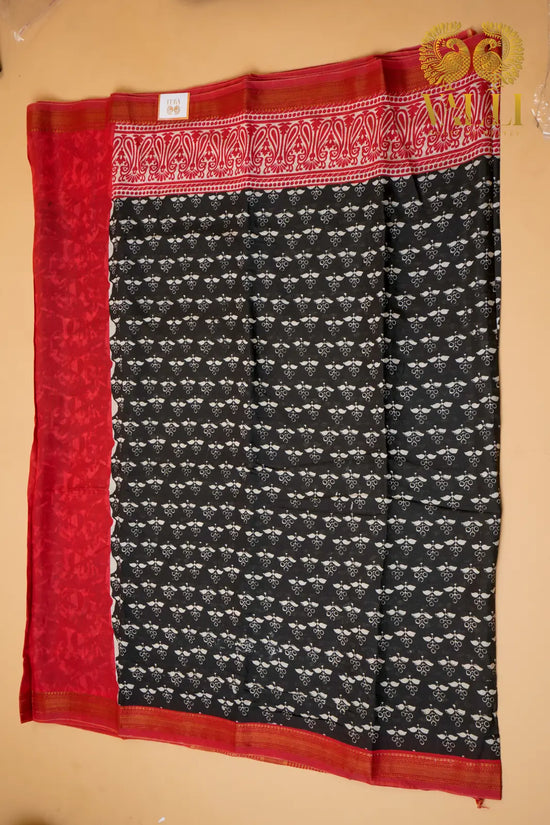 Black Block Print Viscose Cotton Saree with Contrast Red Border