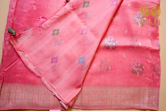 Peach Tussar Saree  Cross Stitch Motifs with Brocade Pallu & Blouse