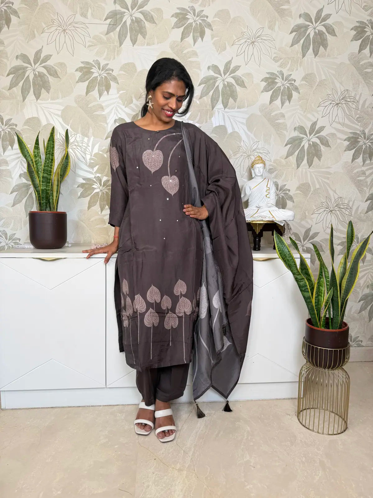 Brown Digital Print Salwar Set with Leaf Pattern