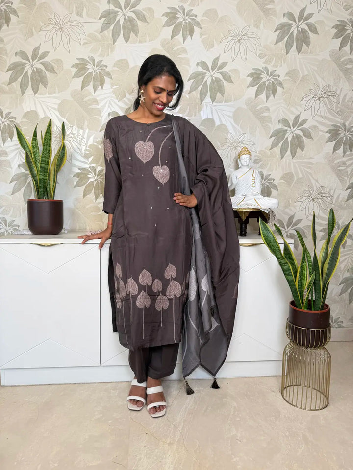 Brown Digital Print Salwar Set with Leaf Pattern