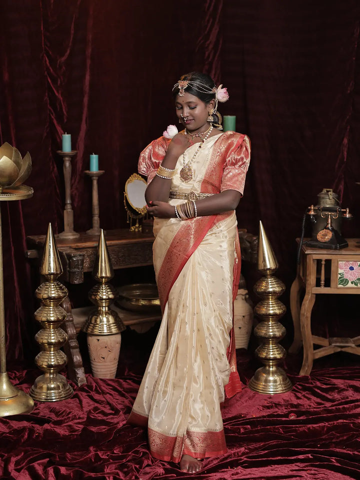 Crimson red and ivory satin banarasi saree