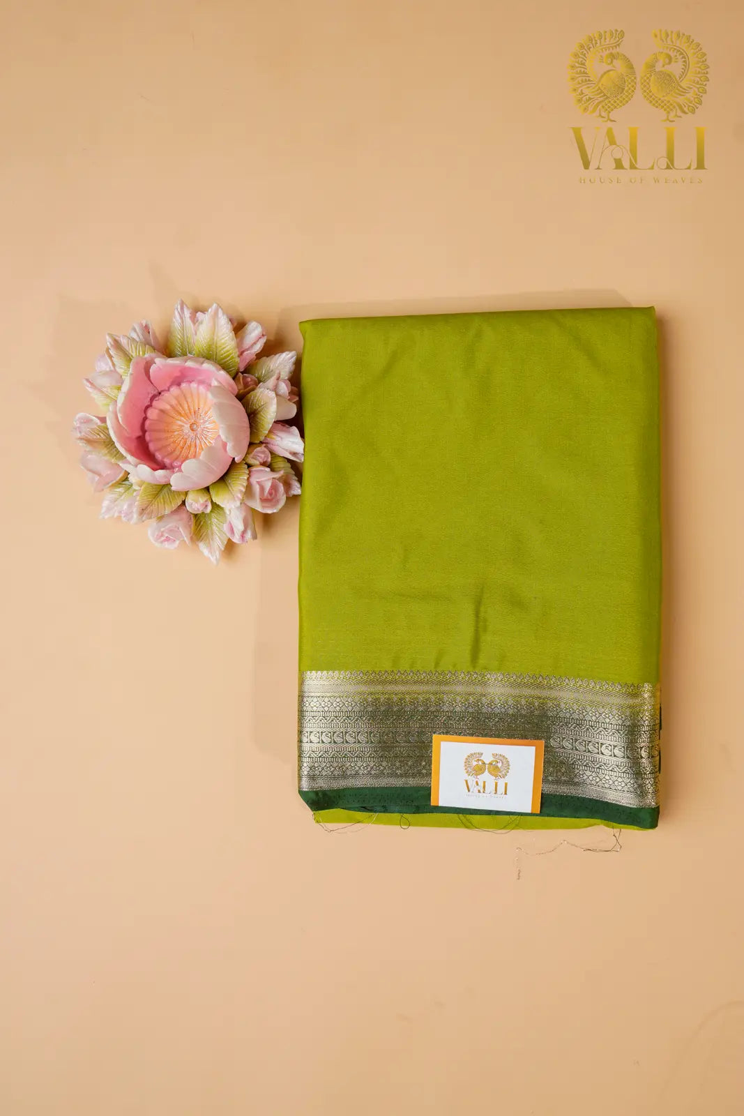 Contrast Border Semi Crepe Silk Saree with Silver Zari Border & Pallu -mehendi green + dark green 