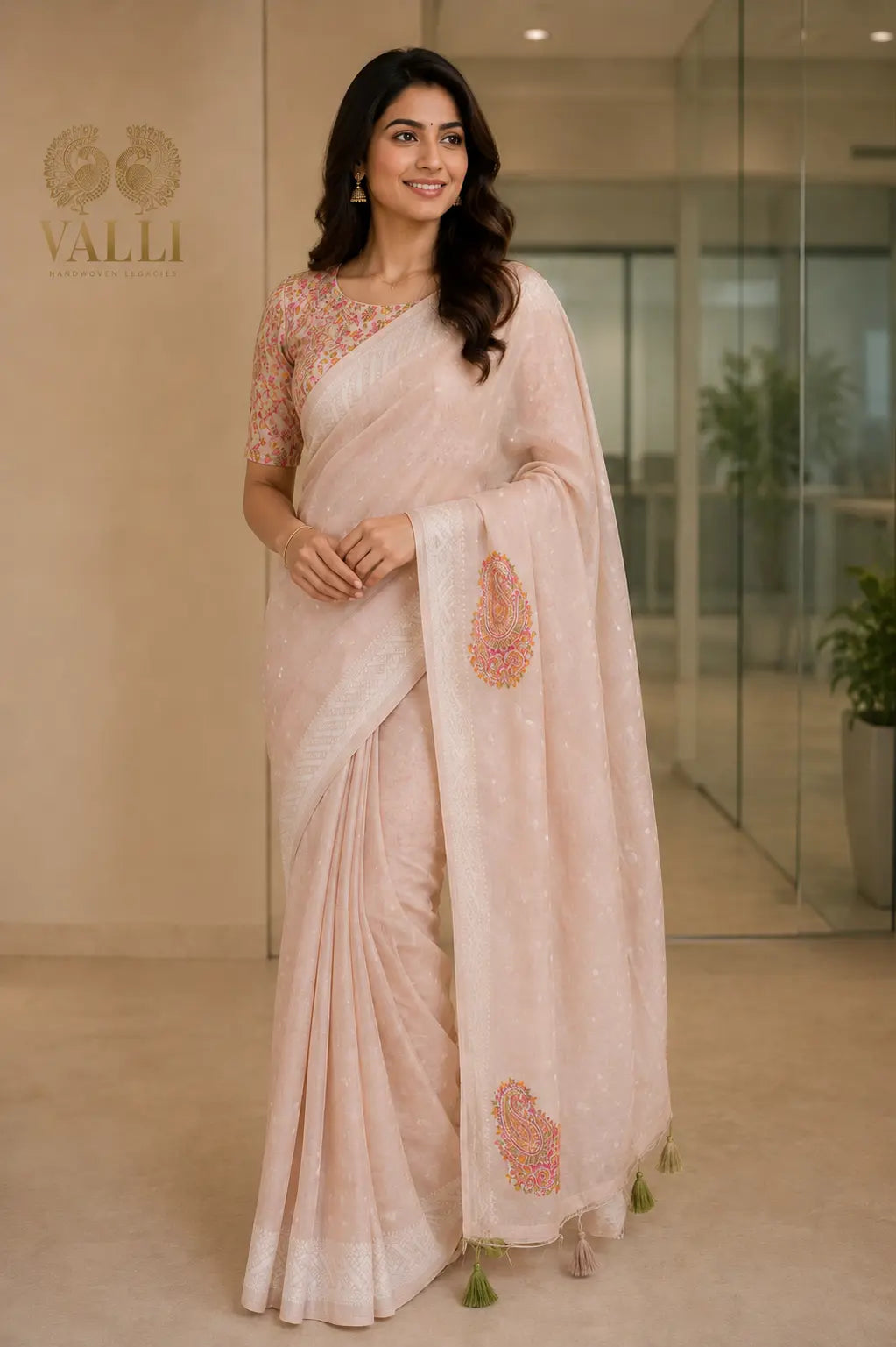 Pastel Blush Tussar Georgette Saree with Kashmiri Kani Weave Pallu & Embroidered Mango Motifs