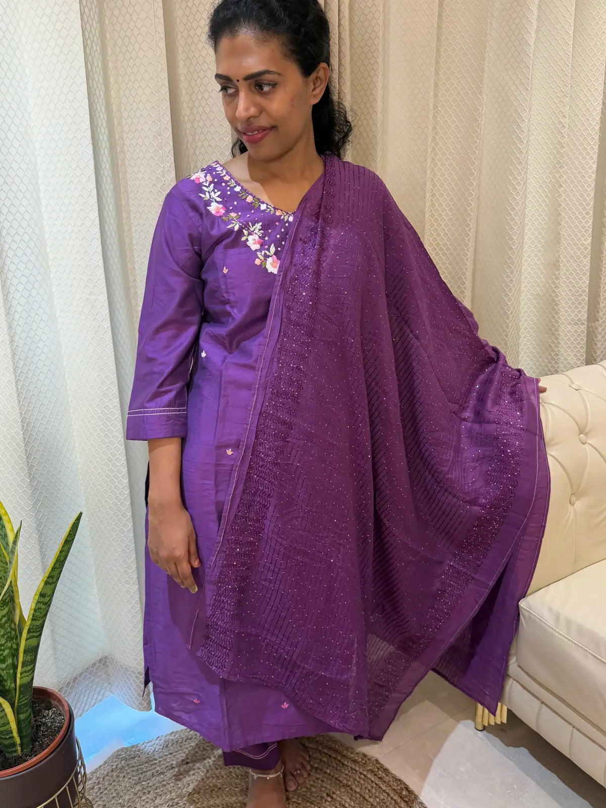 Purple knot embroidery salwar set straight cut with slit