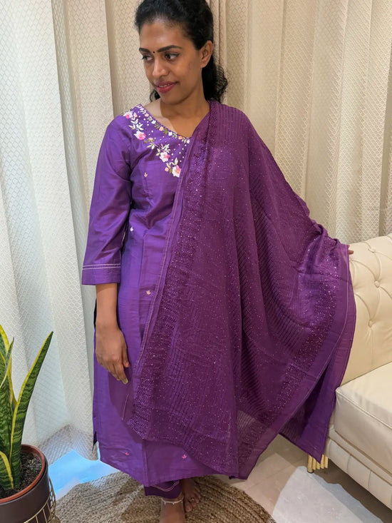 Purple knot embroidery salwar set straight cut with slit