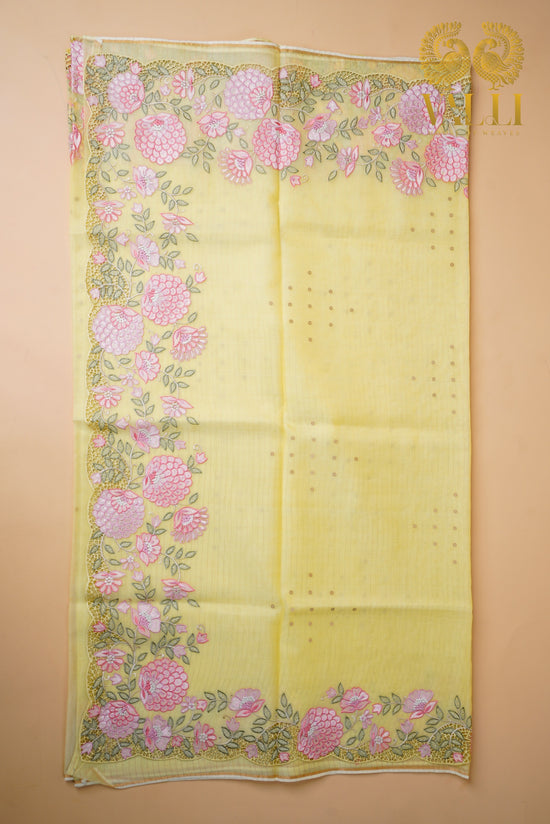 Pure Kora Lemon yellow organza cutwork saree