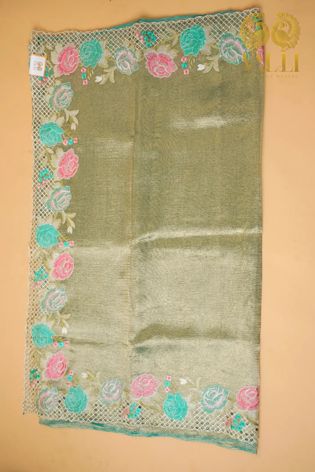 Green Crush Tissue Cutwork Saree with Embroidery