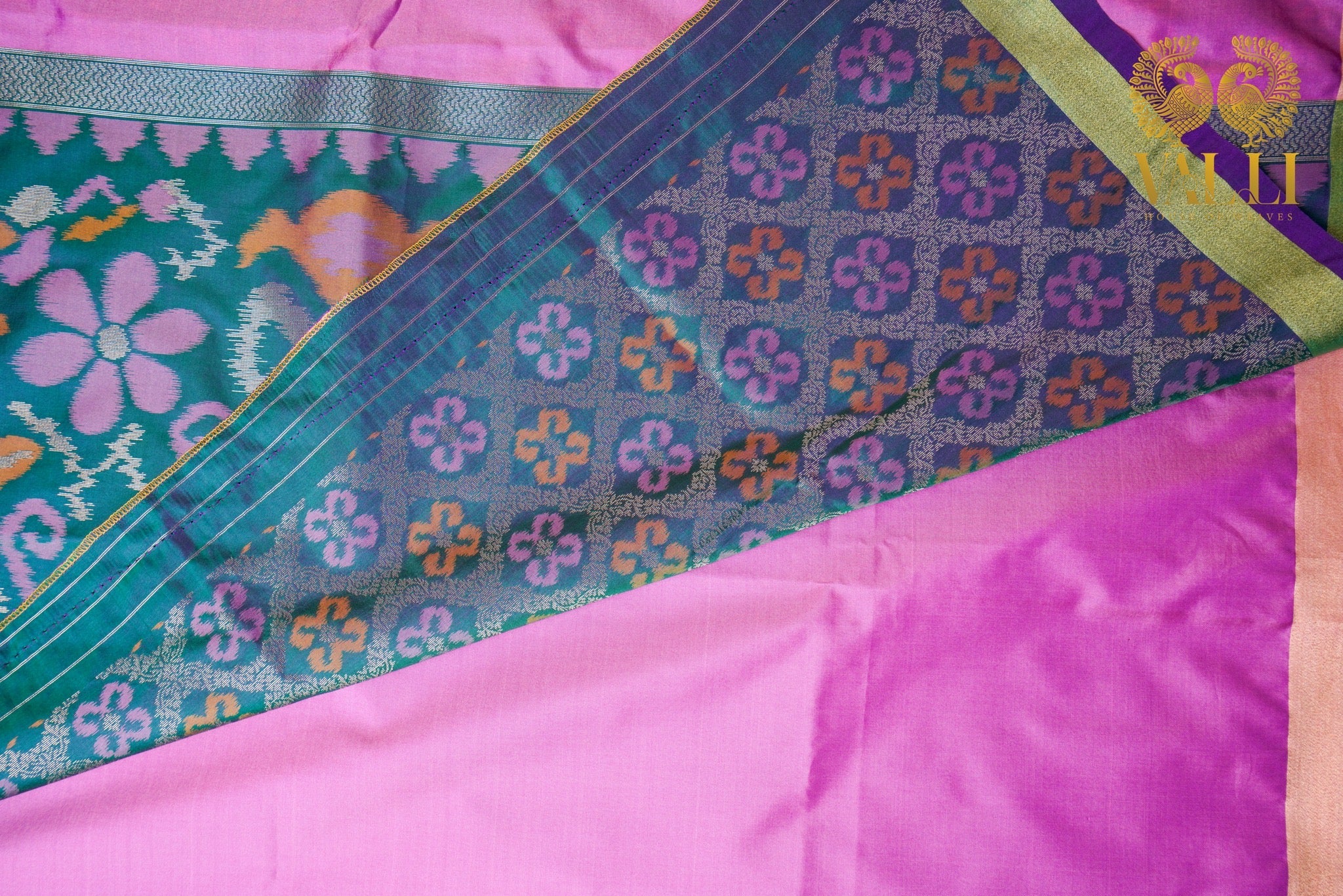 Onion Pink Saree with Heavy Ikat Green Pallu & Brocade Blouse