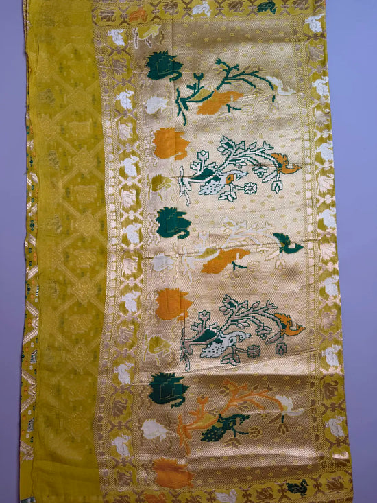 Parrot Green georgette Banarasi Silk Saree with Bird Jaal Weave