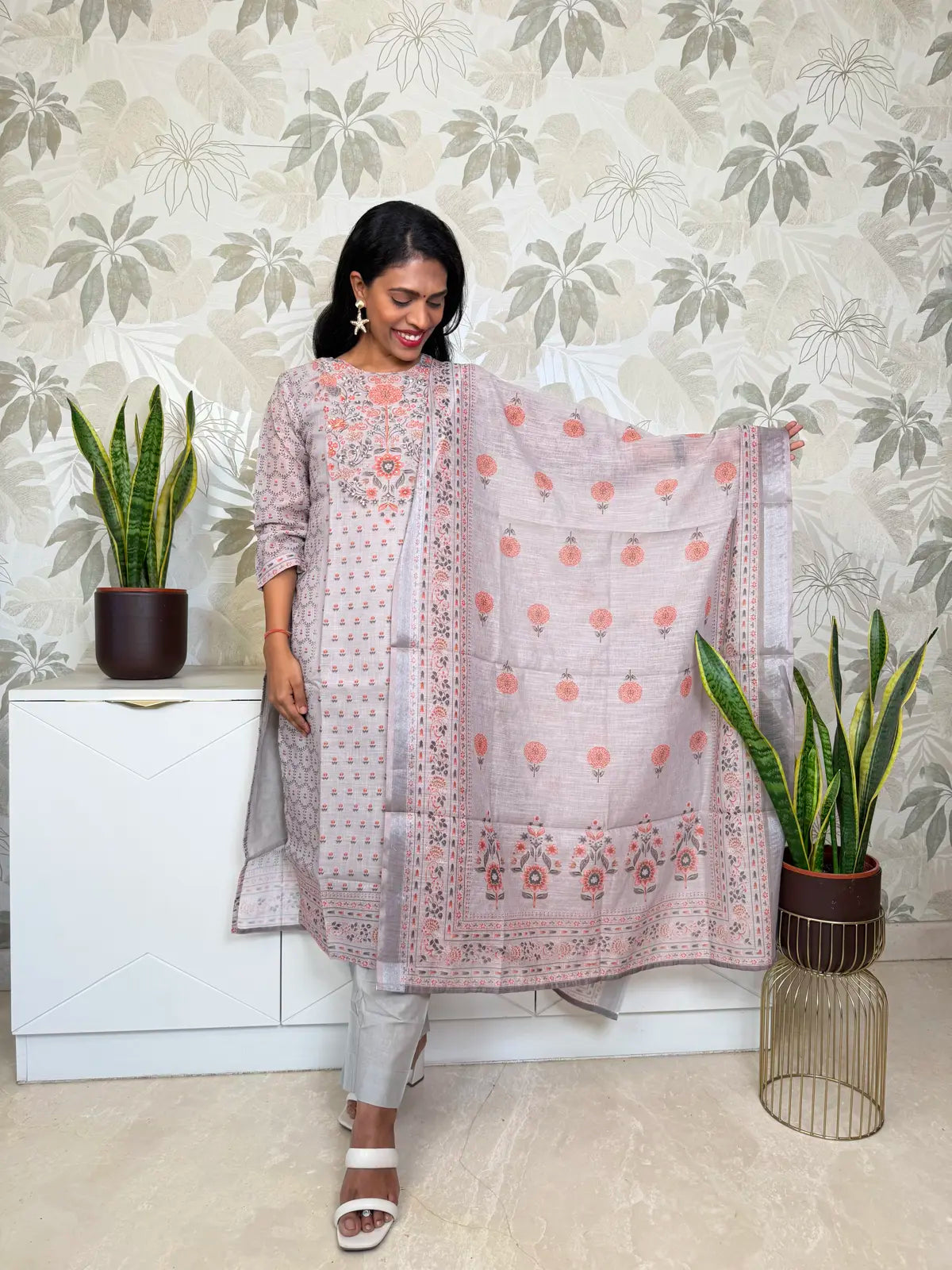 Grey Linen Cotton Salwar Set with Floral Design