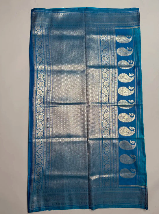 Teal  Blue Kanchi Soft Silk Saree with Contrast Dark Blue Border