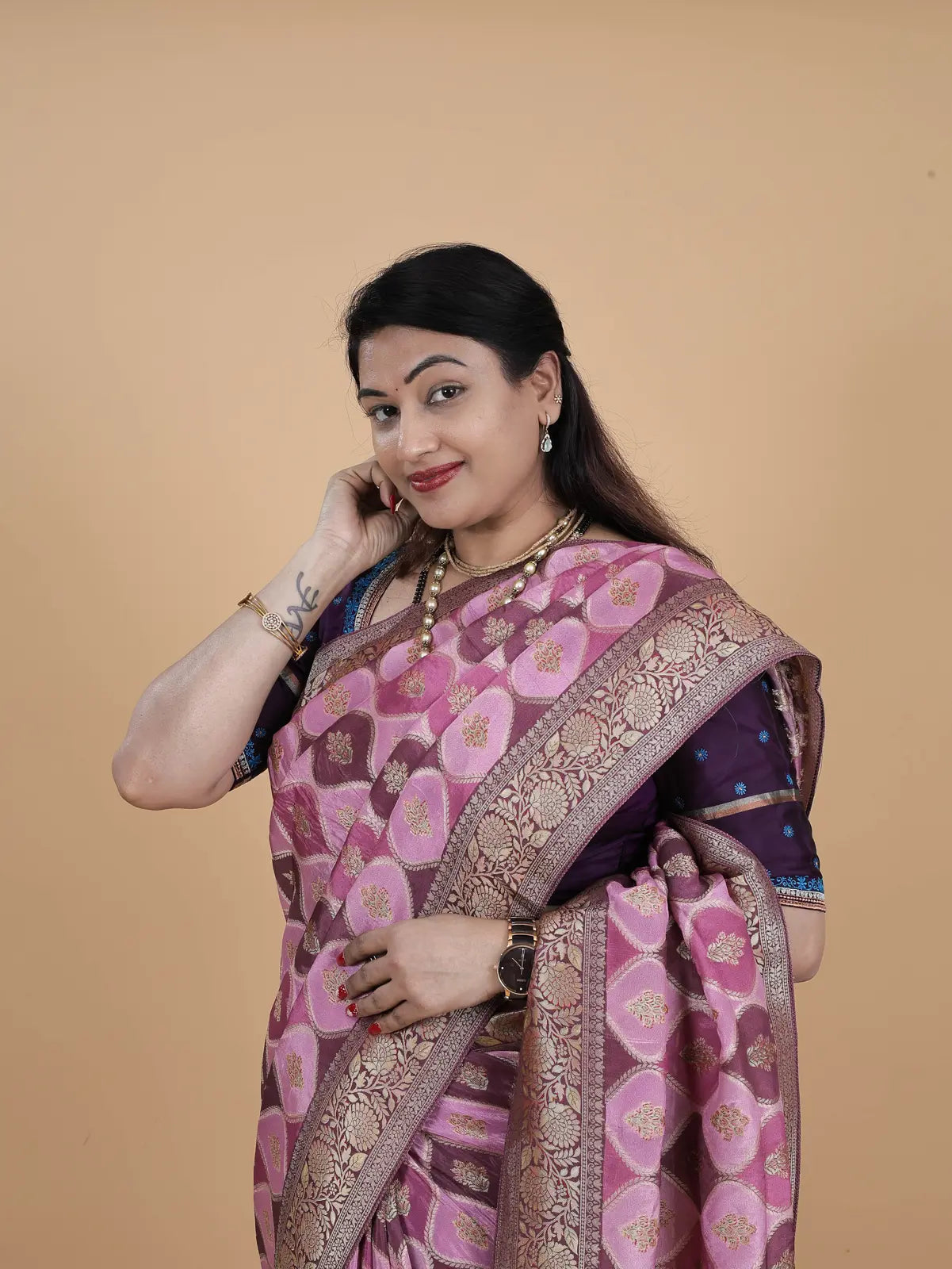 Satin Crepe Silk Saree – Ranghat Pattern (Plum & Pink)