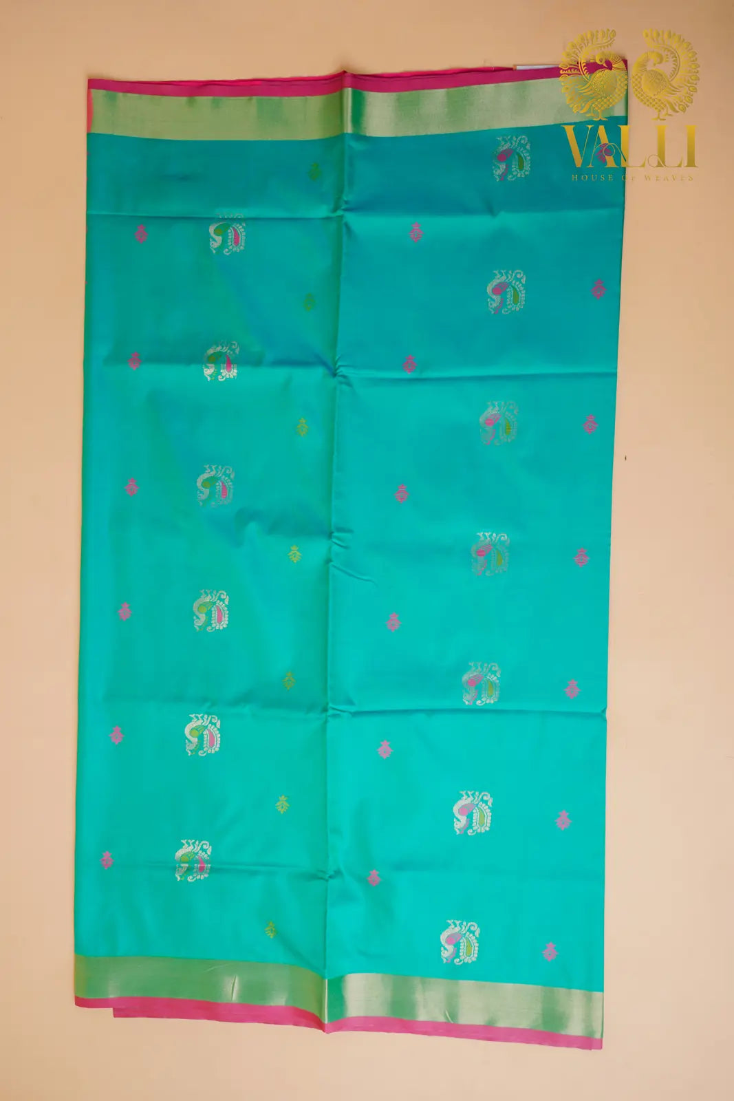 Peacock  motif soft silk Teal green Semi Silk Saree with Rich Jacquard Pallu