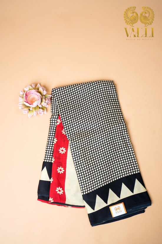 Black checks modal silk saree with red pallu