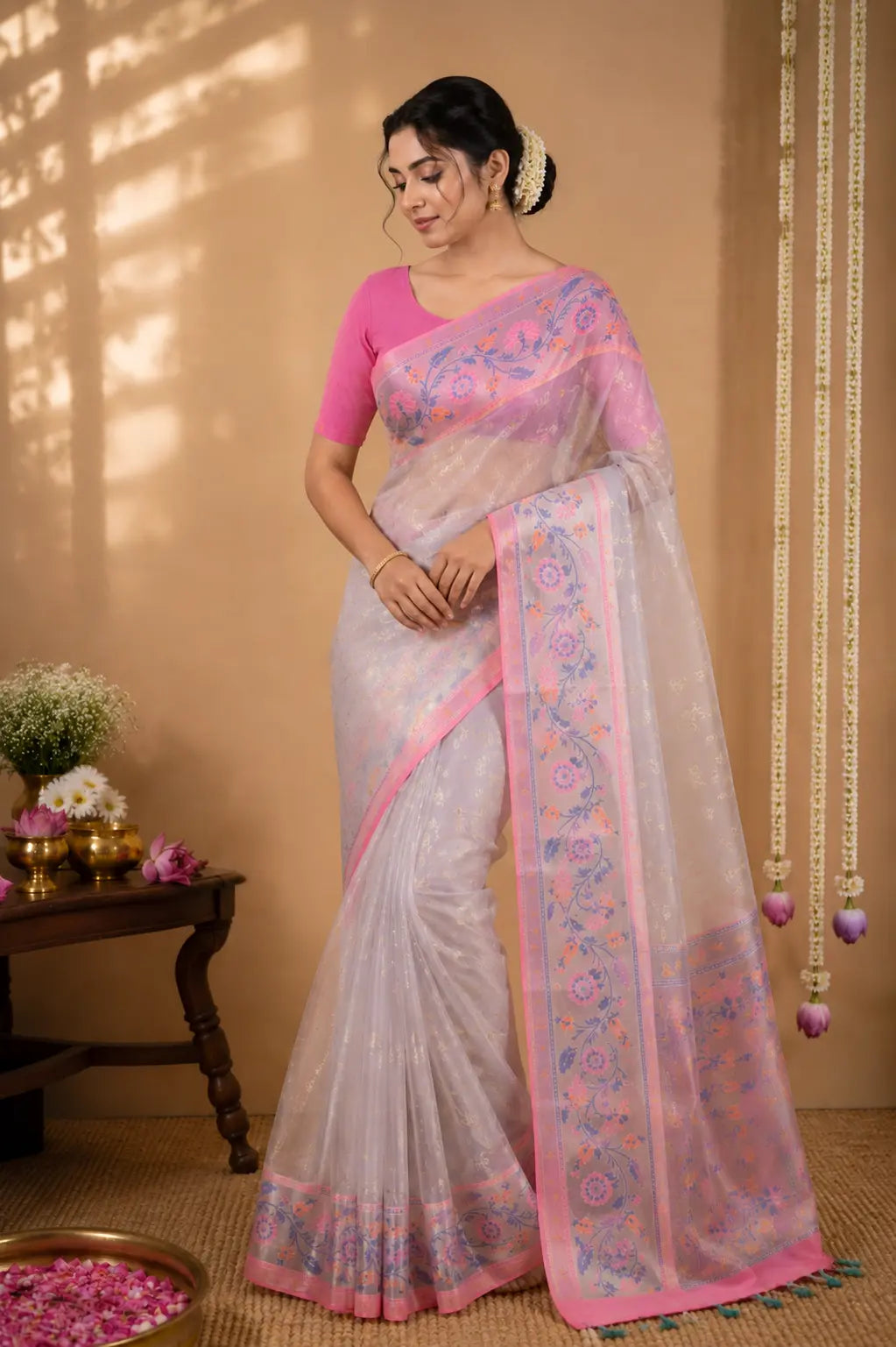 Pure Kora Organza Saree with Paithani & Muniya Border