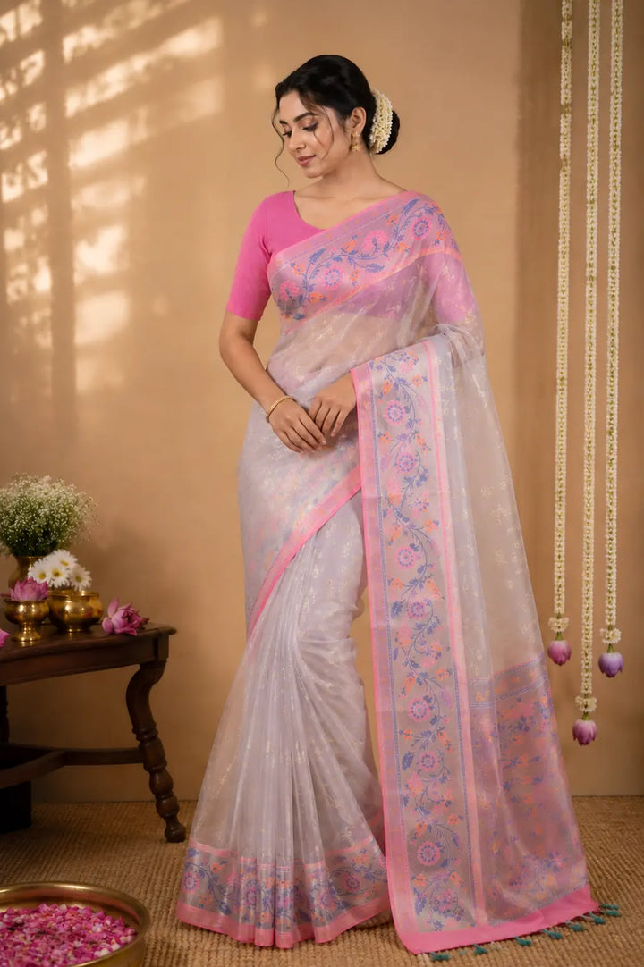 Pure Kora Organza Saree with Paithani & Muniya Border