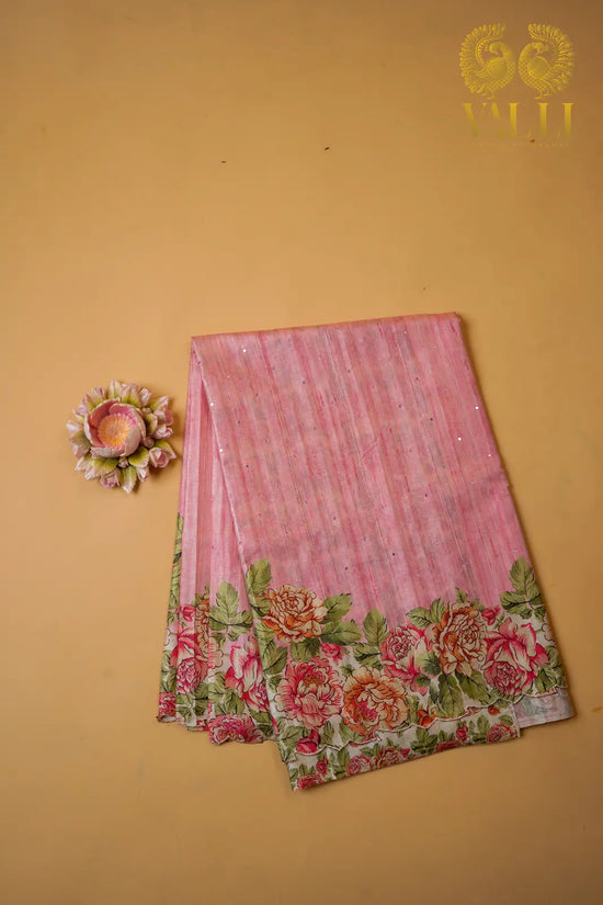 Fancy Tussar Saree with Digital Floral Print Blouse & Mirror Work