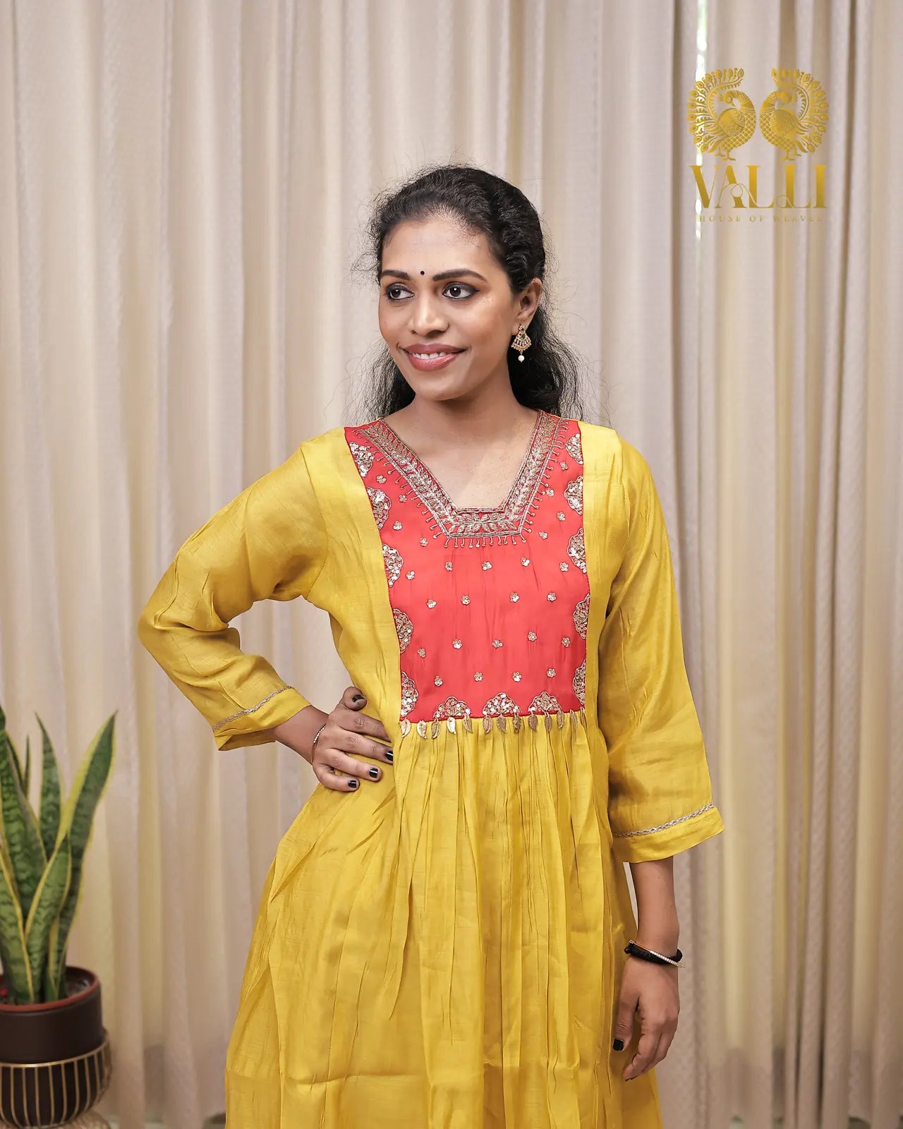 Mehendi green + red A line pattern salwar set