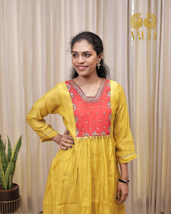 Mehendi green + red A line pattern salwar set