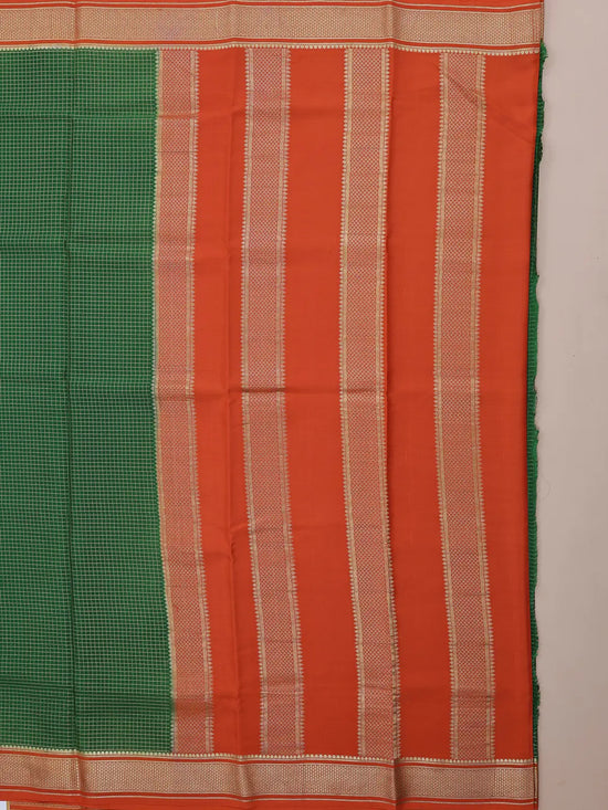 Checks Saree – Parrot Green with Orange Contrast
