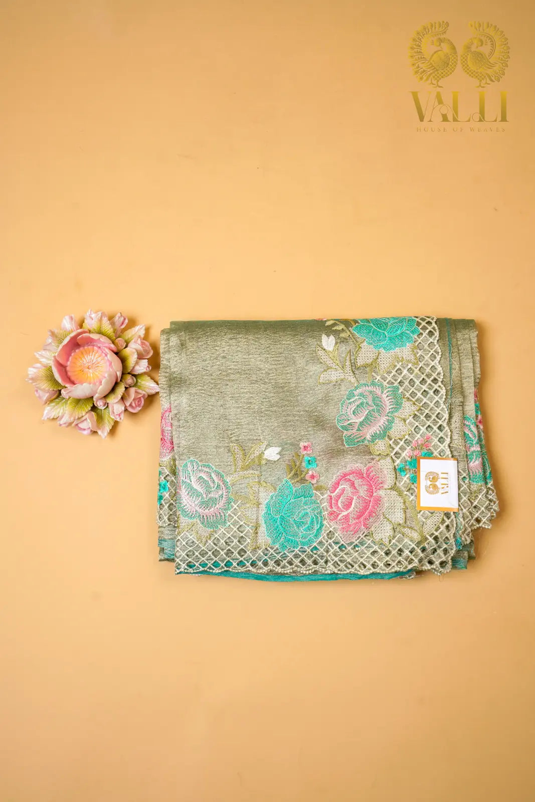 Green Crush Tissue Cutwork Saree with Embroidery