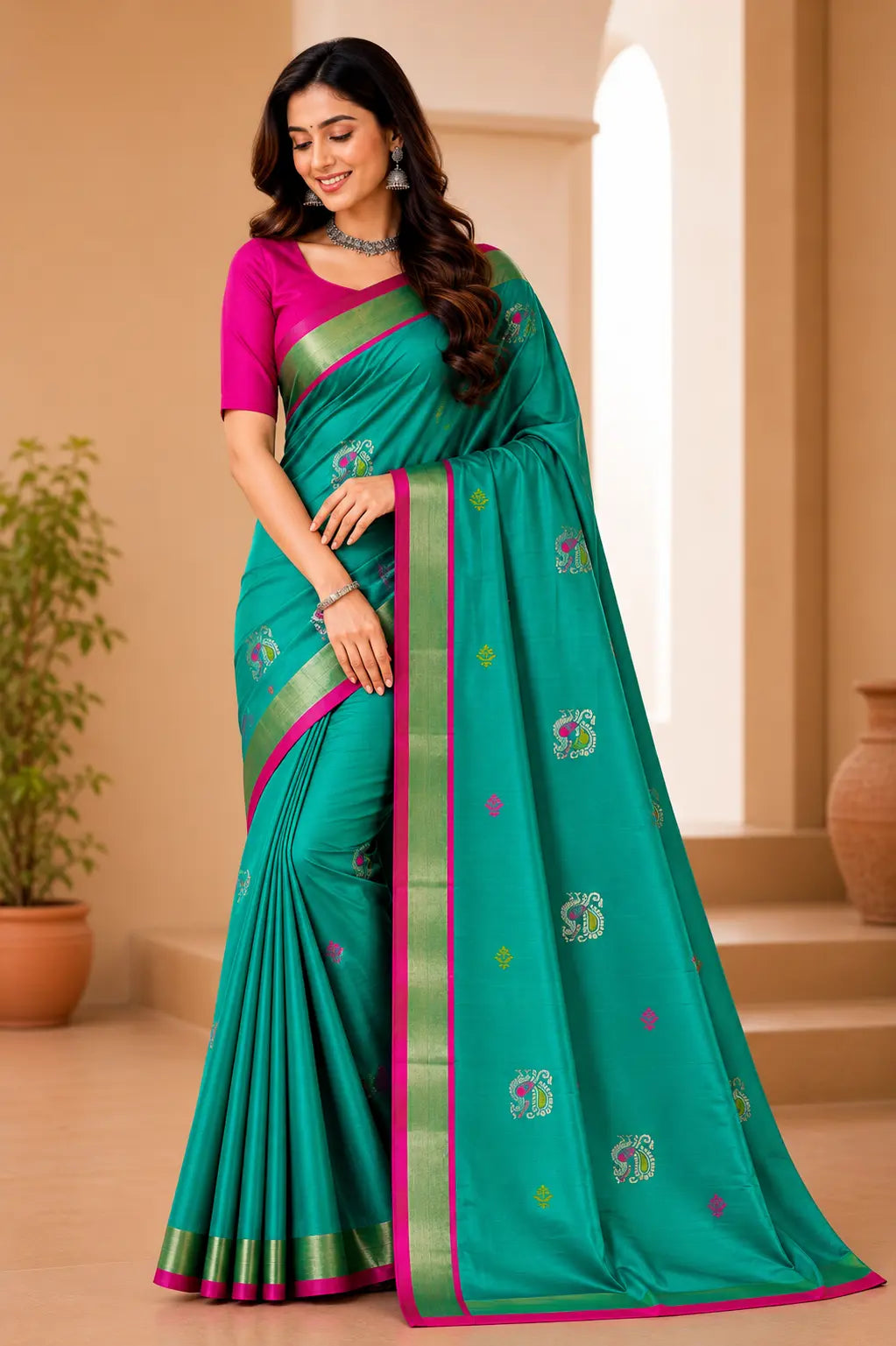 Peacock  motif soft silk Teal green Semi Silk Saree with Rich Jacquard Pallu