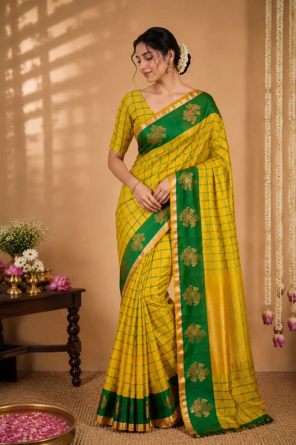 Pure Katan Banarasi Silk Saree with Kanchipuram Checks Pattern yellow 
