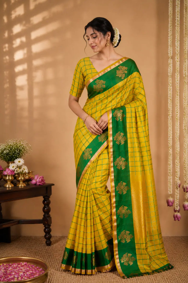 Pure Katan Banarasi Silk Saree with Kanchipuram Checks Pattern yellow 