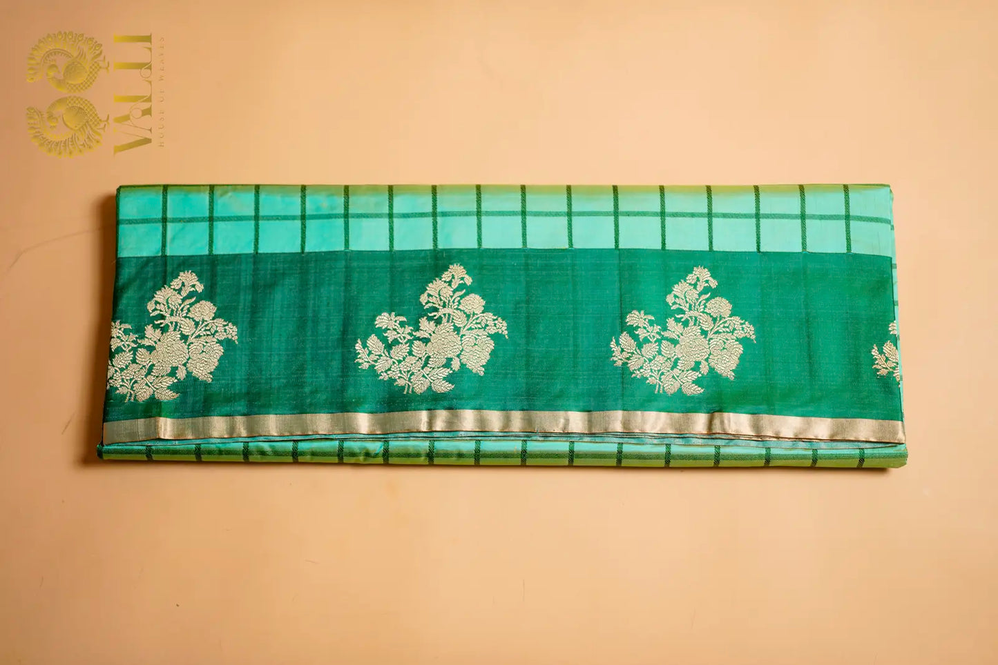 Pure Katan Banarasi Silk Saree with Kanchipuram Checks Pattern pista green 
