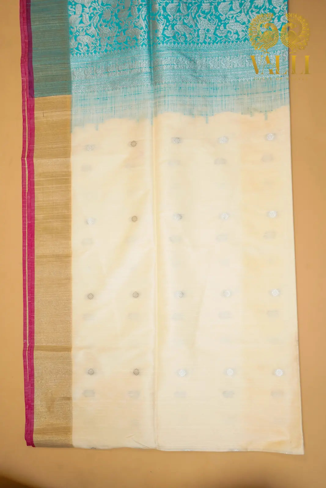 Raw Silk Ivory & Sky Blue Vanasingaram Saree
