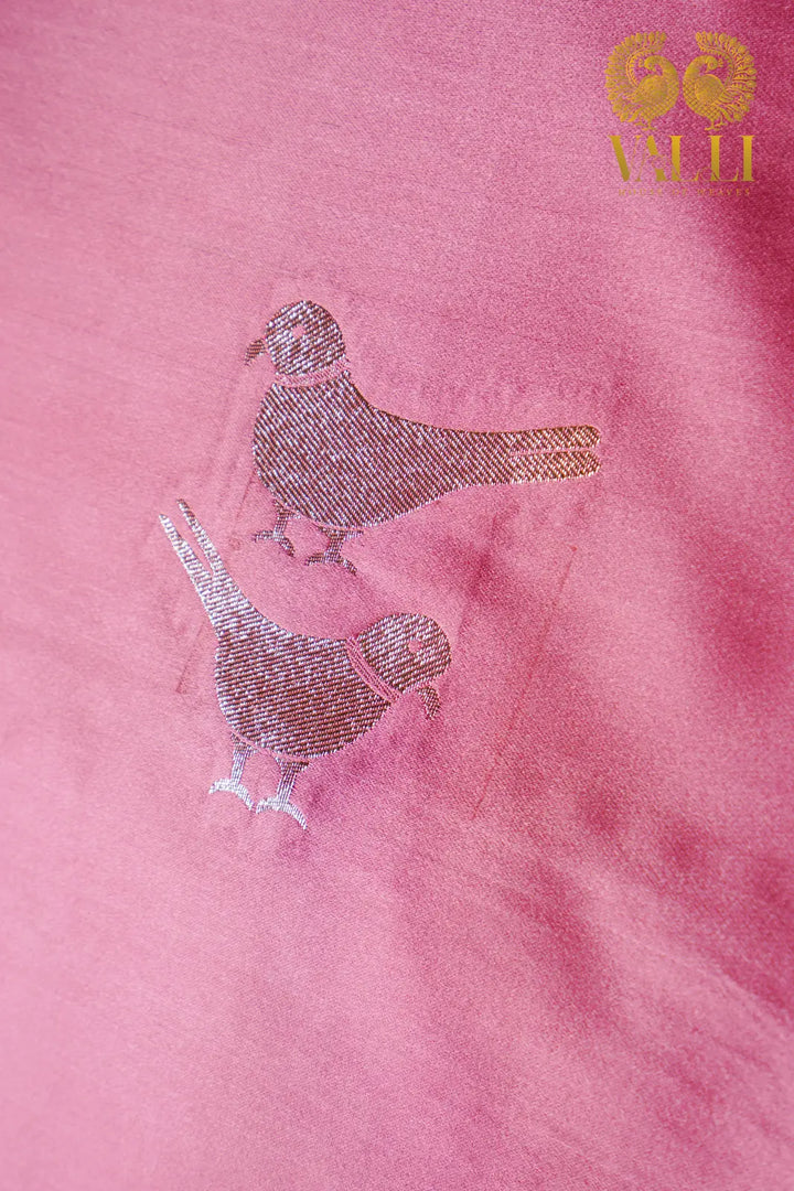 Bird Satin Banarasi Saree – Pastel Pink with Gold Bird Motifs