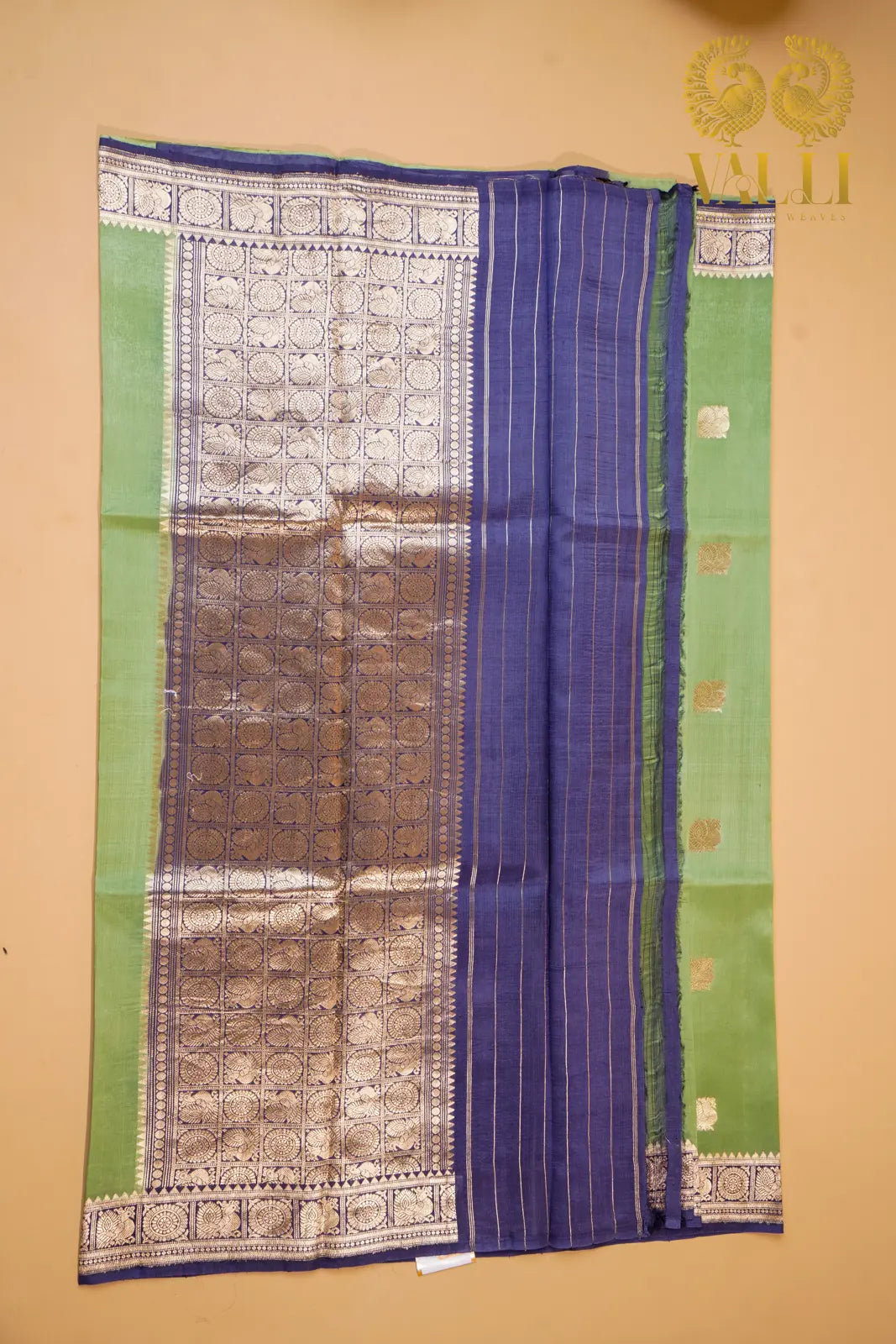 Pure Katan Banarasi Silk Saree – Elachi Green with Purple Border