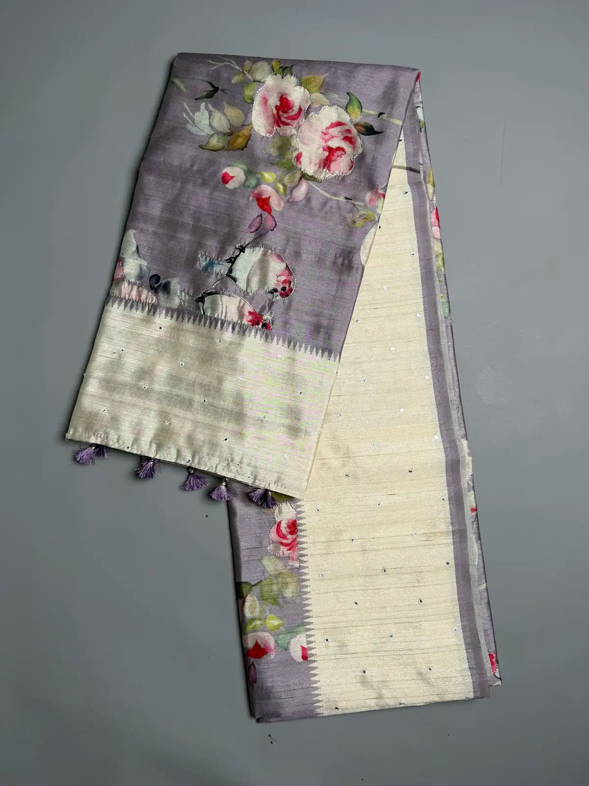 Lavender Bird Print Saree with Mirror Work & Temple Border