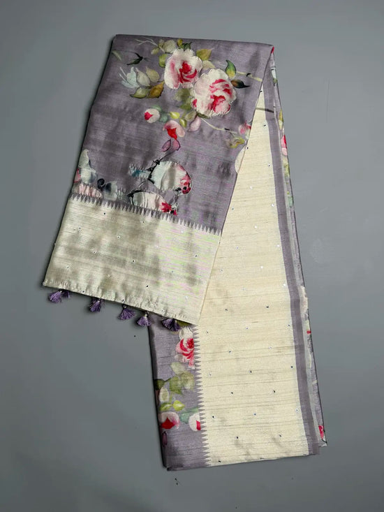 Lavender Bird Print Saree with Mirror Work & Temple Border