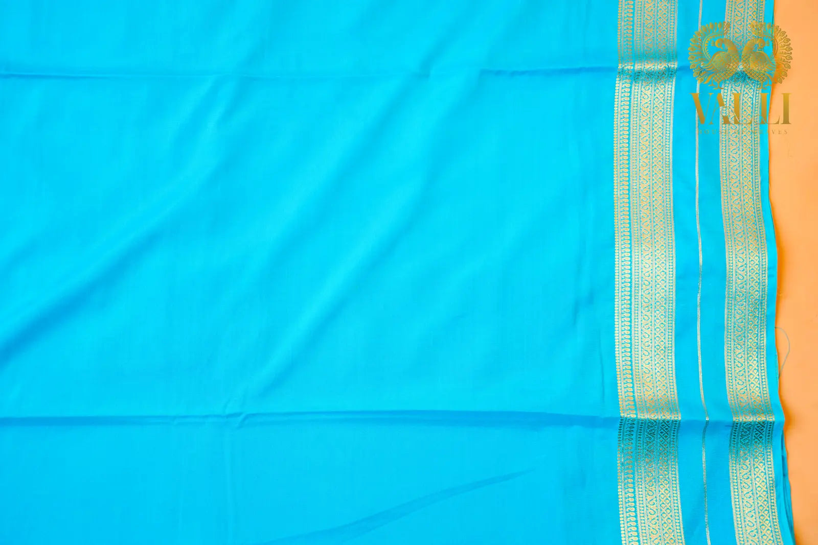 Semi Crepe Silk Rama Blue Saree with Gold Stripe Pallu