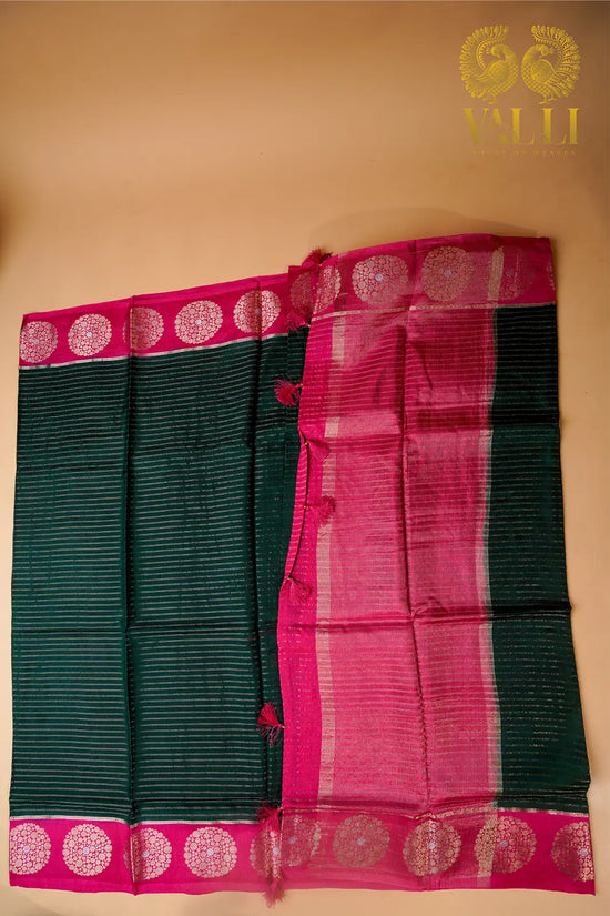 Fancy Dola Silk Saree – Gold Zari Stripes with Contrast Pink Pallu & Blouse