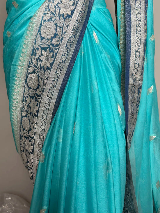 Light Blue Chiffon Saree with Elegant Silver Contrast Border